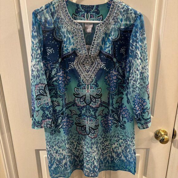 Chico's Embellished Tranquil Turquoise 3/4 Sleeve Coastal Tunic ~ Medium ~ NWT - Picture 2 of 9